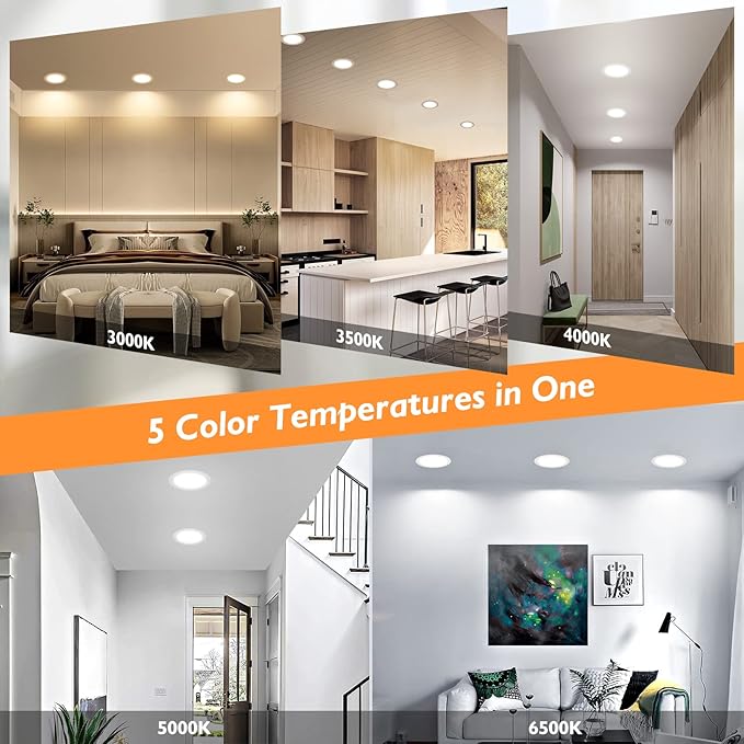 BesLowe 6 Packs 6 Inch 5CCT LED Recessed Ceiling Lights Ultra-Thin with Junction Box, 12W 150W Eqv, 3000K/3500K/4000K/5000K/6500K, 1200LM Dimmable Canless Downlights for Kitchen Hallway Dining Room