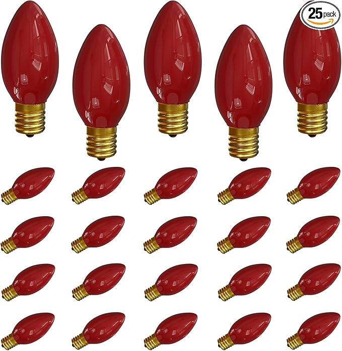 SUNSGNE 25 Pack C9 Red Christmas Light Bulbs, 7 Watt Red Incandescent Christmas Replacement Light Bulbs, E17 Intermediate Base