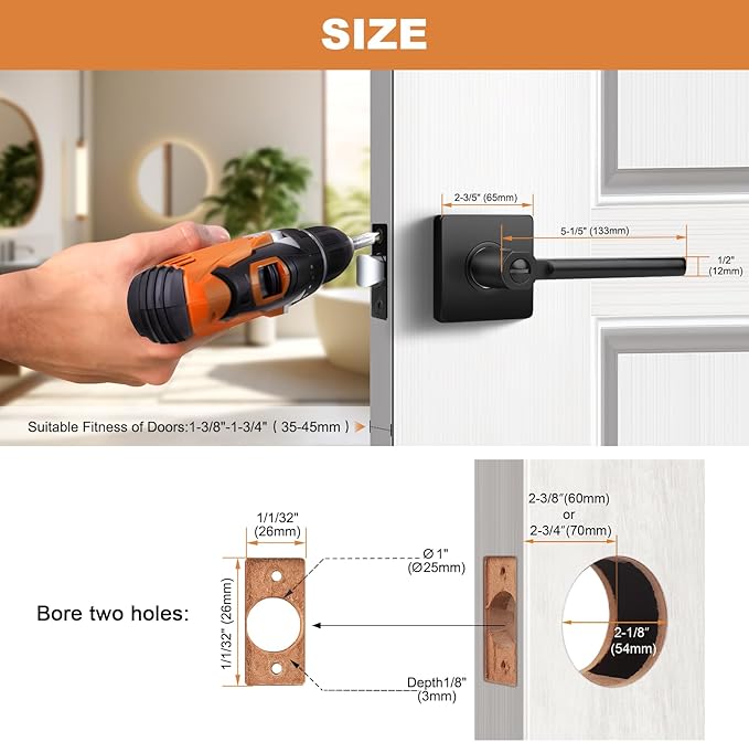 Probrico Privacy Black Door Handle Interior Lockset Heavy Duty Square Door Lever for Bedroom or Bathroom Reversible Keyless Slim Handleset Door Knob 8 Pack