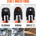 Multifunctional Electric Hydraulic Crimping Tool, 12 Ton 8AWG-600MCM and Pro Press Copper Crimper Tool with 1/2, 3/4, 1 Crimping Range, Hydraulic Cable Cutte φ25/32”Steel Wire Cutter 120KN