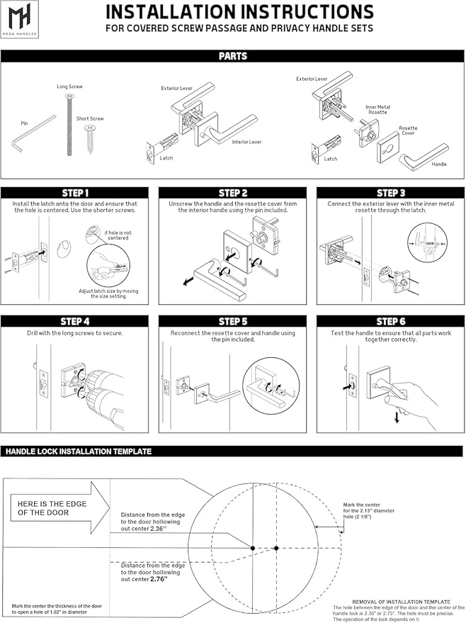 Mega Handles Ronn Privacy Door Handle - 2 Pack Reversible Brushed Nickel Door Handles, Heavy Duty Bed & Bath Door Handles with Privacy Door Lock, Fits All Standard Doors - Satin Nickel