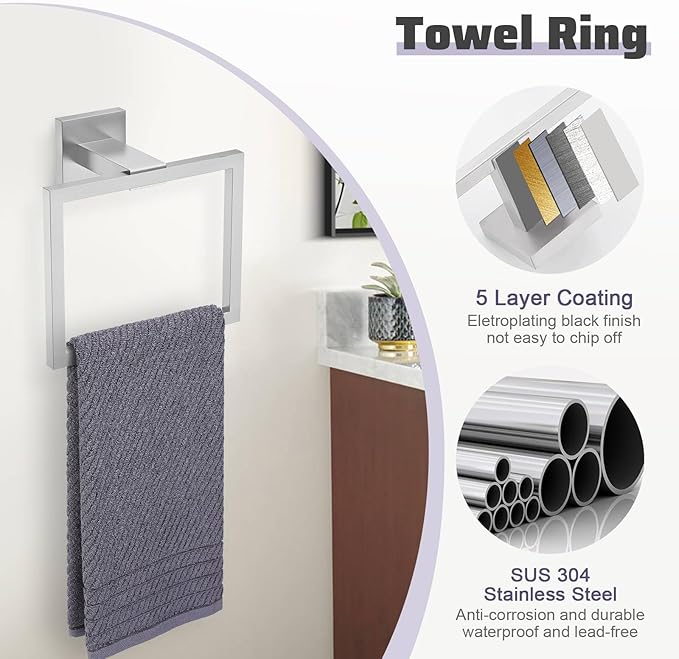 TNOMS Brushed Nickel Towel Bar Set,5-Piece Bathroom Hardware Set Includes Upgraded Double Base Paper Towel Holder Modern Square Towel Holder Set,Stainless Steel Wall Mount 23.6 Inch