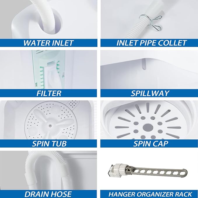 Portable Mini Twin Tub 18Lbs Washing Machine with Drying Rack & 10 Hangers, Washer(11Lbs) and Spinner(7Lbs) Combo with Timer Knob, Compact Semi-automatic Laundry Washer for Home Dorm Apartment, Blue