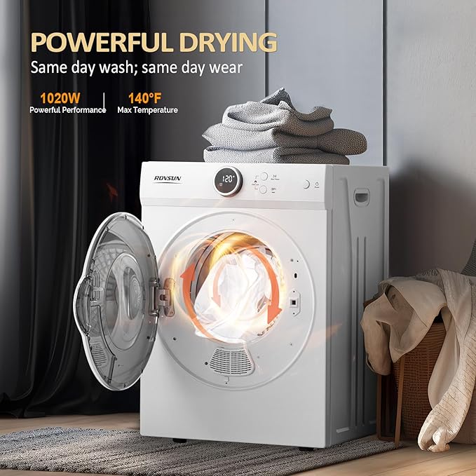 ROVSUN 1.8 Cu.Ft Portable Clothes Dryer, 1020W High End Front Load Electric Dryer, Compact Laundry Dryer with Electronic Screen Control & Stainless Steel Tub for Apartment, Home