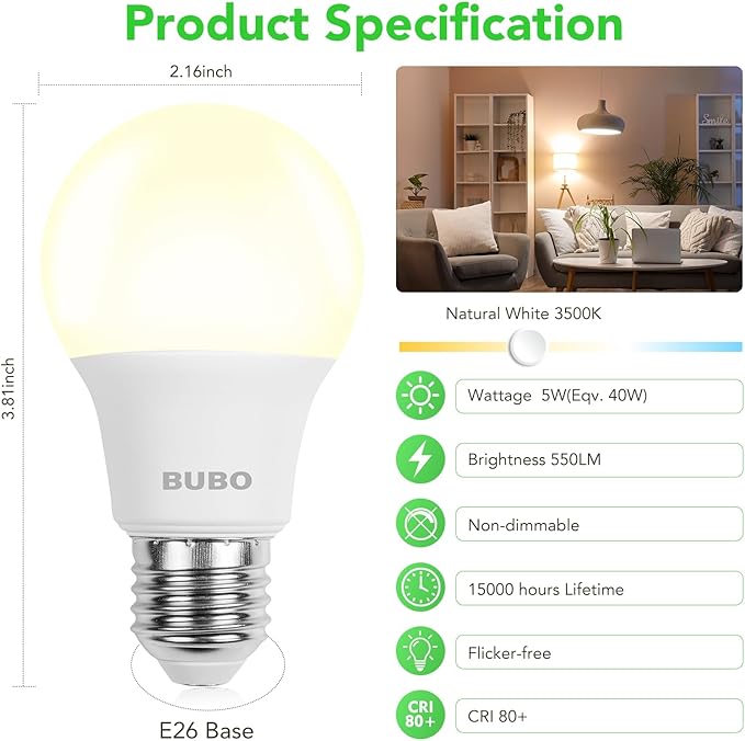 BUBO A19 LED Light Bulbs, 40 Watt Equivalent LED Bulbs, Natural White 3500K, 550 Lumens, E26 Standard Base, Non-Dimmable, 5W Natural White LED Bulbs for Bedroom Living Room Home Office, 3 Pack