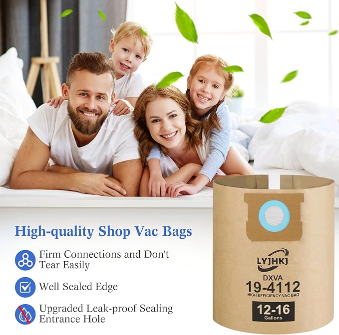 5 Pack DXVA19-4112, Vacuum Bags for DEWALT 12 to 16 Gallon Wet/Dry Vacuum, Disposable Shop Vac Bags compatible with DXVA19-4112, DXVA19-4102, Dust Collection Bag Replacement