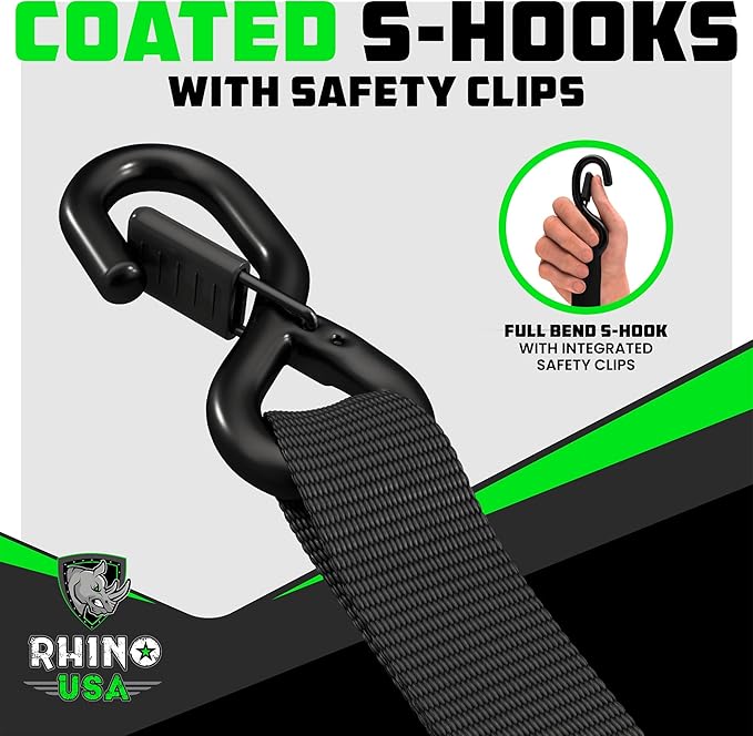 Rhino USA Ratchet Straps Heavy Duty Kit (4-Pack) - 1.6 Inch x 8 Feet (5,208lb Break Strength) - Ultimate Tie Down Straps with Safety S Hooks for Trucks, ATV, UTV, Motorcycle, Cargo & More - Black