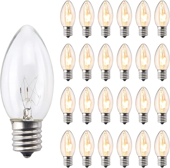 25 Pack C9 Incandescent Bulbs, C9 Replacement Clear Bulb for Christmas String Light, Indoor Outdoor Holiday Decor, E17 Intermediate Base, 7 Watt, Warm White