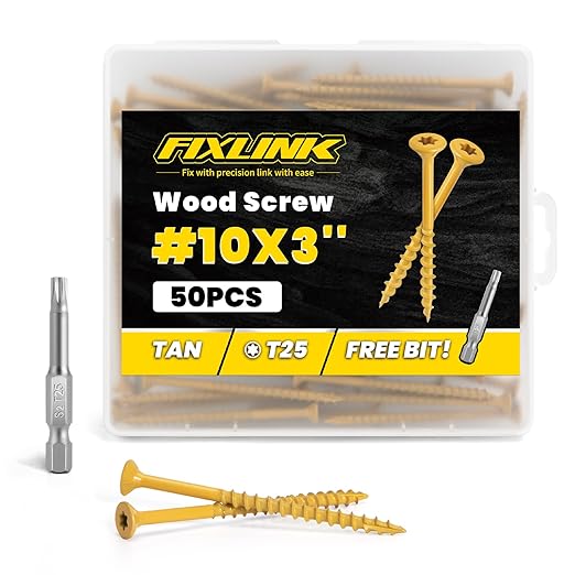 Wood Screws 3 Inch, FIXLINK Deck Screws #10 x 3, 50pcs, Epoxy Coated, T25 Star Bit Above 1500 Hour Salt Spray Coating Outdoor Decking Screws Excellent Rust Resistant for Outdoor Wood Fence