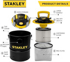 STANLEY Ash Vacuum Cleaner, Portable 4 Gallon Capacity Ash Vac Canister, Powerful 4 Peak HP Horsepower Motor, Ideal for Pellet Stoves, BBQ Grills, Wood Stoves, Fireplaces, Fire Pits, SL-18184