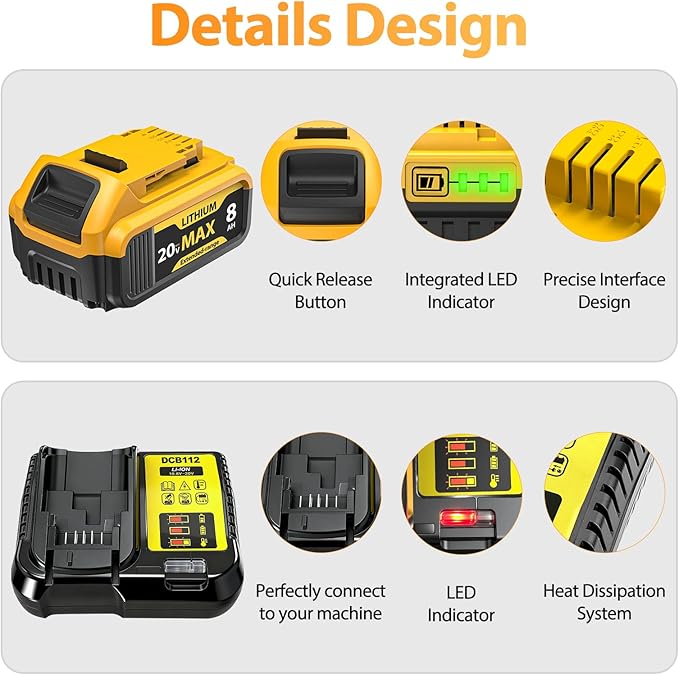 2-Pack 8000mAh 20V Max Lithium-Ion Battery & Charger Combo, High Capacity Replacement for DEWALT 20V MAX Battery Power Tools, Fast Charging Included