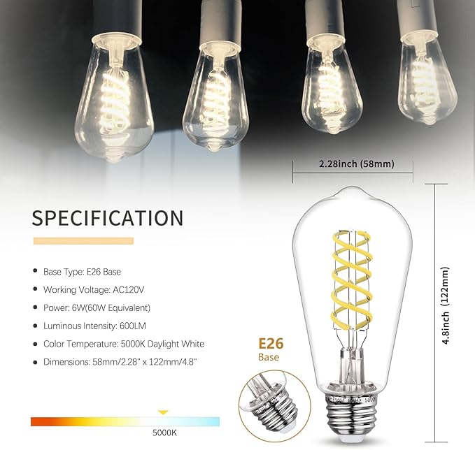 4 PCS ST58 (ST19) LED Edison Bulbs, Dimmable Vintage Antique LED Filament Light Bulbs, 6W Equivalent 60 Watt, Daylight 5000K, 600 Lumens, E26 Base, Clear Plastic
