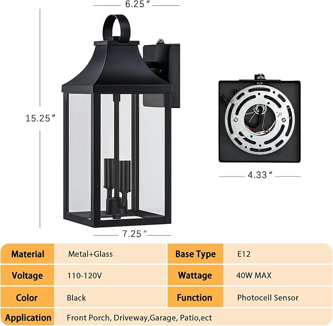 15" Dusk to Dawn Black Outdoor Wall Lantern, Outside Modern Wall Sconce Light Fixture, Porch Light Wall Mount with E12 Socket and Glass, Waterproof Exterior Lamp Lighting for Patio Garage, 1Pack