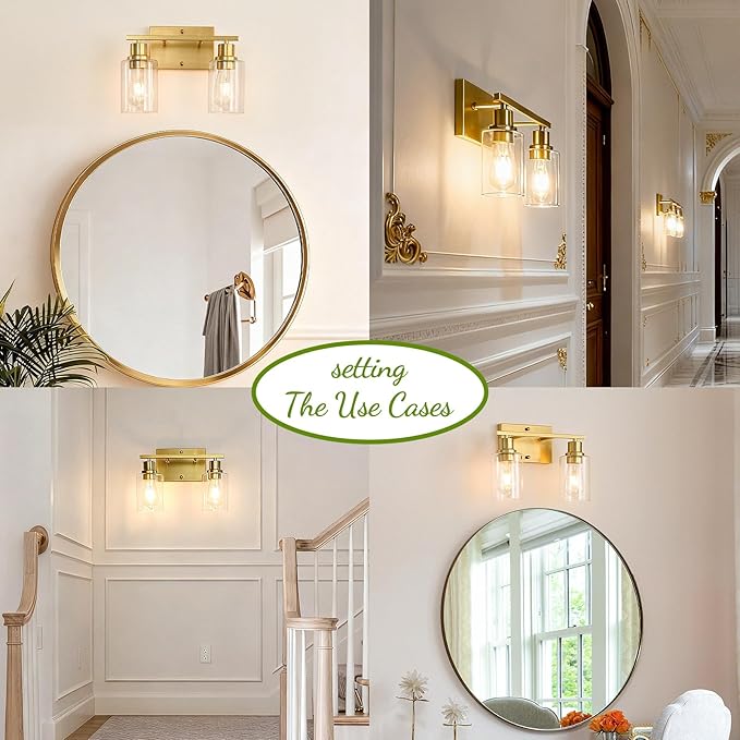 EMONG Gold Bathroom Light Fixtures, 2-Lights Brushed Brass Vanity Light with Clear Glass Shade, Modern Wall Sconces for Hallway, Farmhouse, Living Room