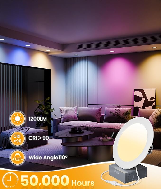 Recessed Lighting 6 Inch with App & Voice Control, 1200LM RGBCW Smart Ceiling Light Work with Alexa & Google, Dimmable LED Recessed Lighting 6 Inch with Timer Music Sync Can Lights, 4 Pack