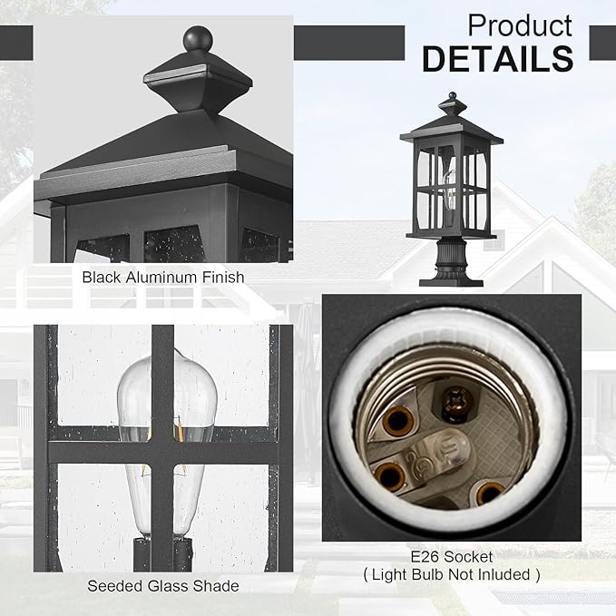 Darkaway Outdoor Post Lights, 21.3inch Large Exterior Post Lantern Lamp Waterproof Aluminum Housing Lamp with Seeded Glass, Fence Pole Deck Lighting for Garden Patio Pathway Driveway