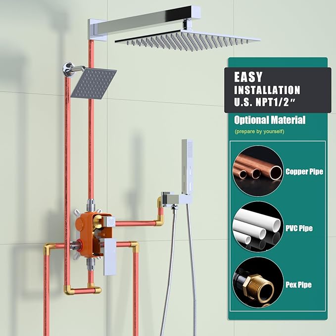 Enga Shower System Dual Shower Heads with 10+6" Dual Rain Shower Head with Handheld Spray for Two People, Wall Mount Shower Faucet Set with Valve Kit, Chrome