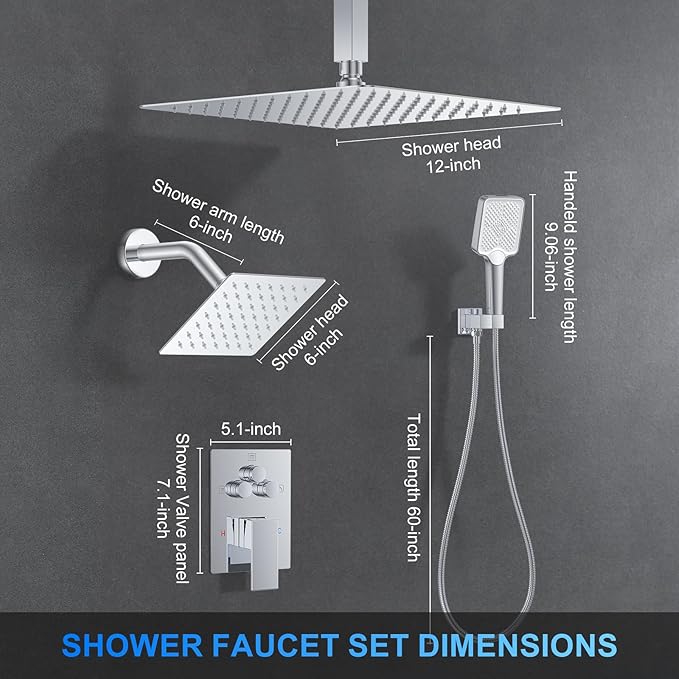 Shower Faucet Set, 12" Ceiling Mount Rainfall Shower System with 2 Rain Shower Head and Multi-function Handheld Head Push Button Diverter Shower Faucet Trim Kit (12", Polished Chrome)