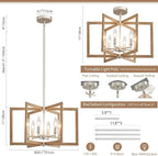 Modern Farmhouse Dining Room Light Fixtures, 20'' Geometric Nickel Chandelier for Living Room Kitchen Island Entryway Bedroom, 6-Light Rustic Wood Grain Pendant Hanging Lighting