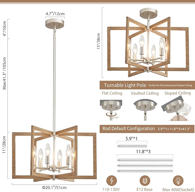 Modern Farmhouse Dining Room Light Fixtures, 20'' Geometric Nickel Chandelier for Living Room Kitchen Island Entryway Bedroom, 6-Light Rustic Wood Grain Pendant Hanging Lighting