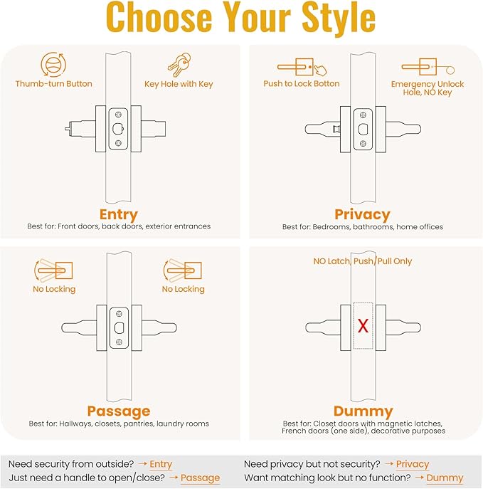 HOSOM Privacy Door Handles for Bedroom and Bathroom, Door Handle Interior Door Levers Keyless Reversible Square Door Locks, Satin Nickel, 1 Pack