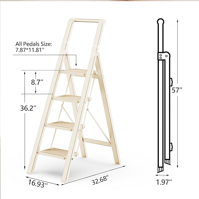 GameGem 4 Step Ladder Folding Step Stool Stepladders with Anti-Slip and Wide Pedal for Home and Kitchen Use Space Saving (White)
