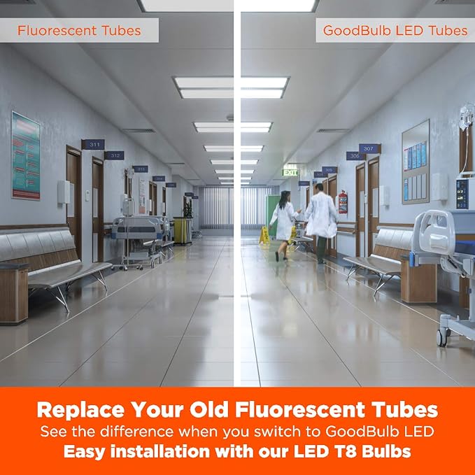 GoodBulb 48-Inch T8 LED Light Bulbs 18-Watt, 5000K Daylight White Light Color, 2340-Lumens, Type A+B with Medium Bi-Pin Base (Pack of 10 Bulbs)