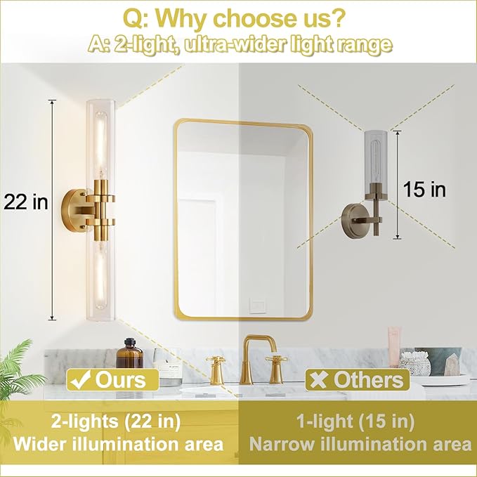 Wall Sconces Set of Two, Hardwired Brushed Gold Bathroom Sconces Wall Lighting with Clear Glass, Modern Sconces Wall Decor Set of 2 Bathroom Light fixtures for Mirror Hallway (Bulbs Not Included)