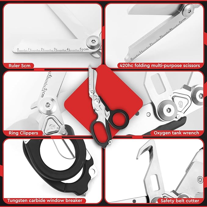 Heavy Duty 6 in 1 Multipurpose Emergency Trauma Shears Scissors with Holster - Outdoor Camping Rescue Tools with Glass Breaker & Strap Cutter Stainless Steel Foldable Scissors Pliers Silver