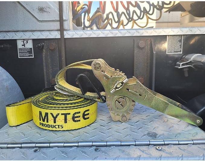 Mytee Products 4 Pack 4" x30' Self-Tensioning Ratchet Tie Down Straps with Flat Hooks - 5,400 Lbs WLL - Heavy Duty Tie Down Ratchet Straps for Flatbed, Truck, Trailers, Cargo, Pickup - Yellow