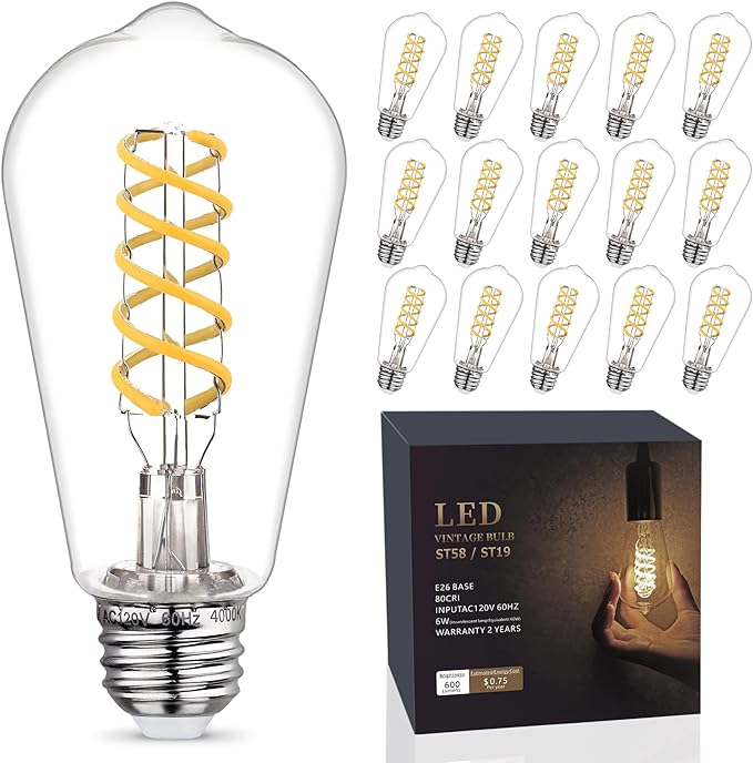 16 Pack Dimmable Vintage LED Edison Bulbs, E26 LED Bulb 60 Watt Equivalent, Neutral White 4000K, Antique Filament Decorative Light Bulbs, ST19 Edison Bulb 80+ CRI
