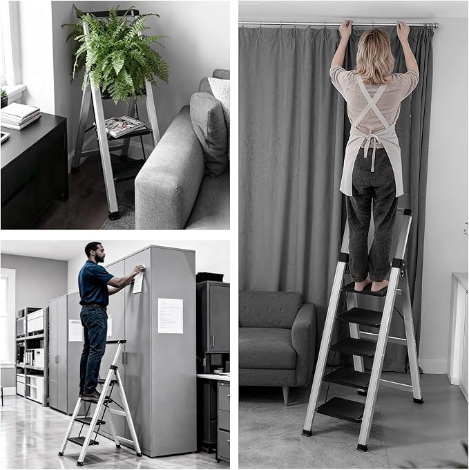 XinSunho 4 Step Ladder, Aluminum Folding Stool with Retractable Handrails & Tool Tray, Anti-Slip, Sturdy Lightweight, 330lbs Safety for Kitchen Indoor Outdoor