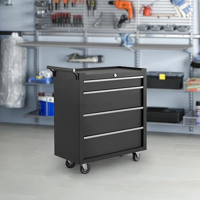 Garvee Rolling Tool Chest, 4 Drawers Tool Storage Cabinet, Toolbox with Wheels, Portable Tool Cabinet Organizer with Locking System & Drawer Liners, Tool Storage Cart for Garage, Workshop, Black