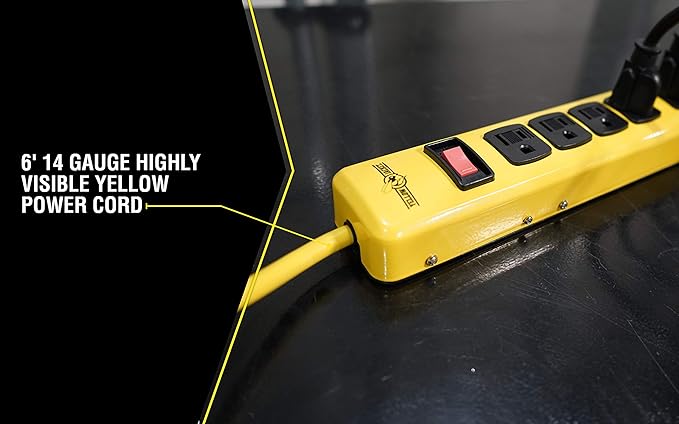WOODS WIRE Southwire Yellow Jacket 5139N 14/3 6-Outlet Heavy Duty Industrial Metal Workshop Strip with 6-Foot Power Cord; Sliding Safety Covers and Overload Protection