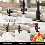 Smart Kitchen Faucet, 3 Modes Pull Down Sprayer, LED Temperature Control, Ceramic Valve,360-Degree Rotation,1 or 3 Hole Deck Plate, Double Spout. 10-Year Warranty. (KW-29RK, Gold/Black)