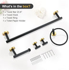 TQKAG Black and Gold Bathroom Accessory Set 5 Pieces, Round Stainless Steel Bath Towel Bar Set 23.6 Inch Towel Racks for Bathroom Wall Mounted