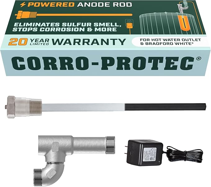 Corro-Protec Powered Anode Rod for Bradford White Water Heater and Hot Water Outlet Installation, Eliminates Rotten Egg/Sulfur Smell within 24 hours and Stops Corrosion Inside Tank, 20-Year Warranty