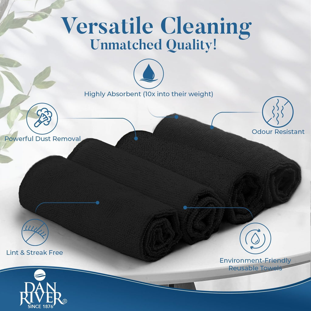 DAN RIVER 12-Pack Black Microfiber Towels – Ultra Absorbent, Lint-Free & Streak-Free Cleaning Rags for Home, Car & Kitchen - Must-Have Cleaning Essentials - 12" x 12"