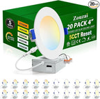zouzai 20 Pack 4 Inch Ultra-Thin LED Recessed Ceiling Light with Junction Box 5CCT Adjustable Dimmable Can-Killer Downlight - ETL and Energy Star Certified