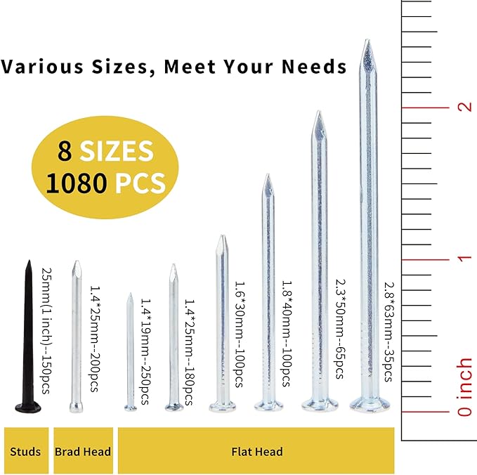 1080pcs Nail Assortment Kit, Small Nails, Nails, Nails for Hanging Pictures, Picture Hanging Nails, Finishing Nails, Hanging Nails, Picture Nails, Wall Nails for Hanging, Pin Nails