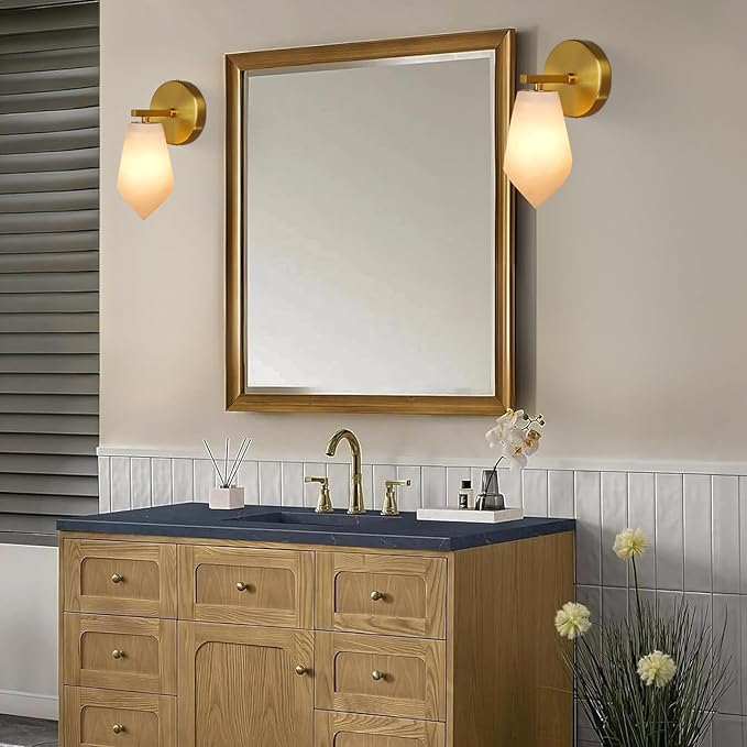 Alabaster Wall Sconces Set of Two, Spanish Marble Wall Lamp, Modern Wall Sconce for Living Room, Hardwired Wall Lighting for Bedroom, Wall Light for Bathroom Hallway Stairs, Gold