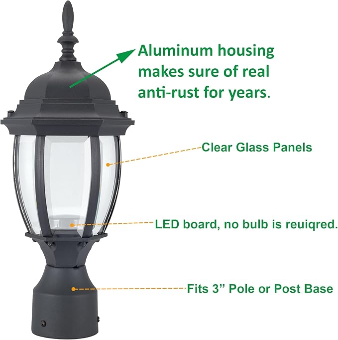 LIT-PaTH LED Outdoor Post Lighting Fixture, Pole Lantern, 9.5W 800 Lumens, 5000K Daylight White, Aluminum Housing Plus Glass, Matte Black Finish, 1-Pack