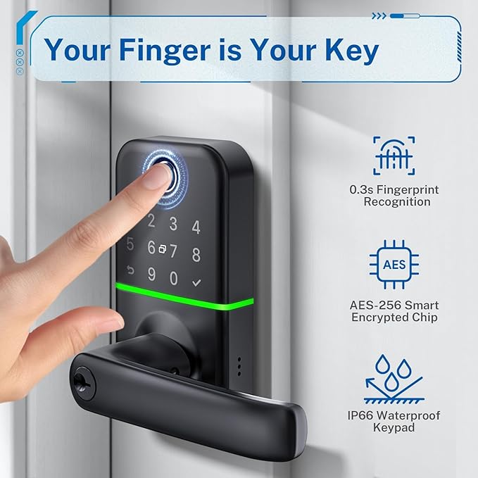 Keypad Smart Door Lock with Handle: Kucacci Keyless Entry Fingerprint Lock - Digital Code Handle with Keypad - Electronic Smart Knob for Front Door - Deadbolt Alternative with App - Easy Installation