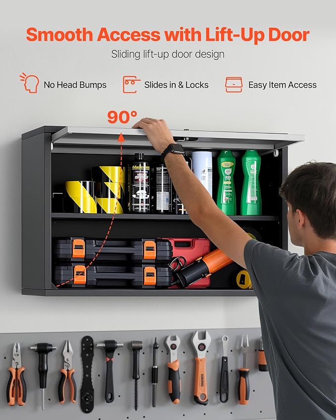 VEVOR Metal Wall Cabinet, 27.56W x 12.01D x 19.69H Inch, Floating Garage Tool Cabinet with Up-Flip Door and Shelf, 240 lbs Load Capacity, Fit for Garage, Basement, Kitchen, Warehouse Assembly Required