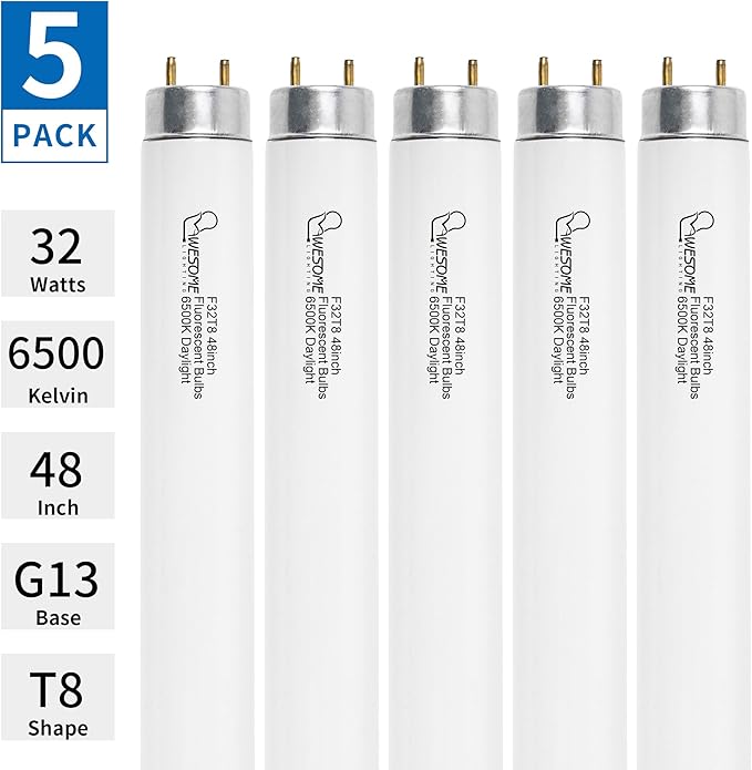 F32T8/865 Fluorescent Light Bulb, 48 Inch, 32 Watts, 6500K Daylight, 2800 Lumens, G13 Bi-Pin Base, 4FT T8 Fluorescent Tube Light Bulbs - 5 Pack