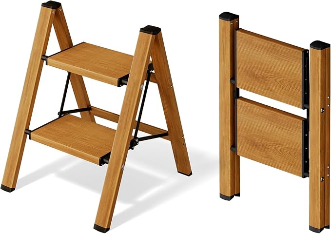 2 Step Ladder,Aluminum Folding Step Stool for Adults,Step Ladder with Wide Anti-Slip Pedal,330 lbs Capacity for Home,Office,Kitchen,Library(Woodgrain)