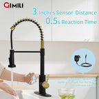 GIMILI Black and Gold Touchless Kitchen Faucet with AC Adapter, Smart Motion Sensor Hands Free Single Handle Kitchen Sink Faucet with Pull Down Sprayer