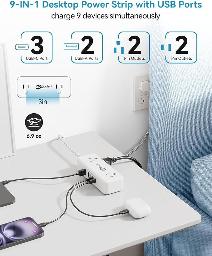 Power Strip with USB C, Flat Plug Extension Cord 3ft, 4 Outlets & 2 USB-A and 3 USB-C Ports 4.8A/24W Charging Station, 2 Sides Outlet Extender Compact for Tablet Laptop Computer Multiple Device