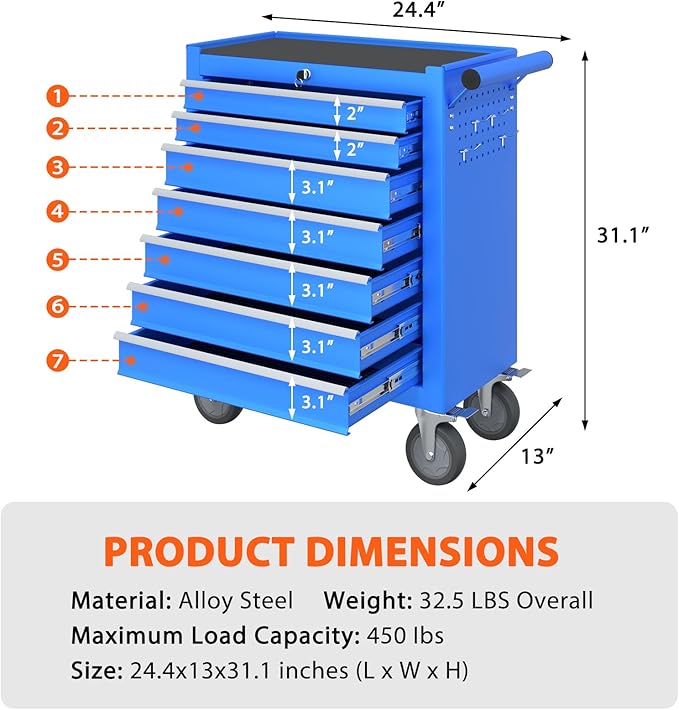 7-Drawer Rolling Tool Chest, Tool Box with 4 Wheels and Drawers, High Capacity Detachable Mobile Tool Storage Cabinet for Garage, Workshop, Mechanics and Repair Room (Blue)