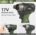 17V Brushless Screwdriver Drill Set, 140Nm Cordless Impact Driver & 55Nm Electric Drill with 3 Adjustable Speed, 2 Batteries and Led Work Light